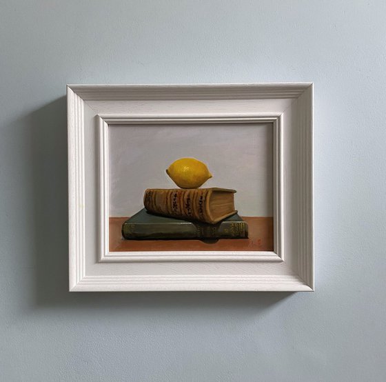 Lemon & Books Still Life; Framed & ready to hang home decor gift oil painting.