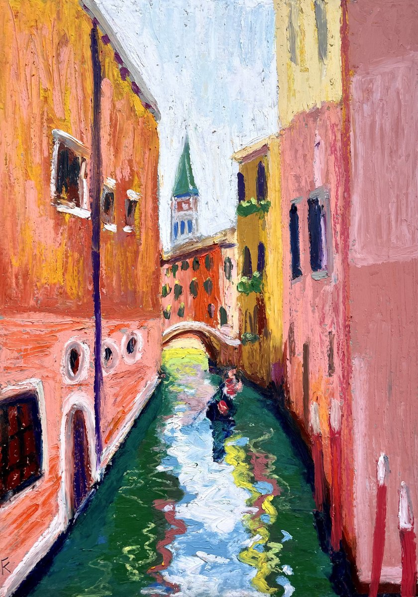 Venice Painting, Italy Original Oil Pastel Drawing, Gondola Illustration, Travel Gift by Kate Grishakova