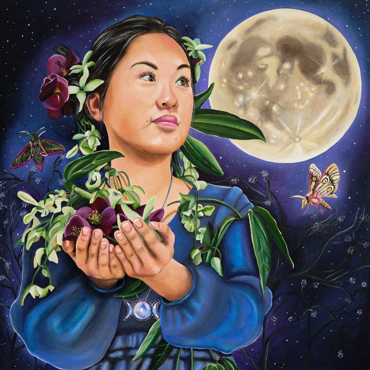 Surrealistic Portrait Acrylic Painting By Saskia Huitema, 17 X 17", Moonstruck, Original Artwork