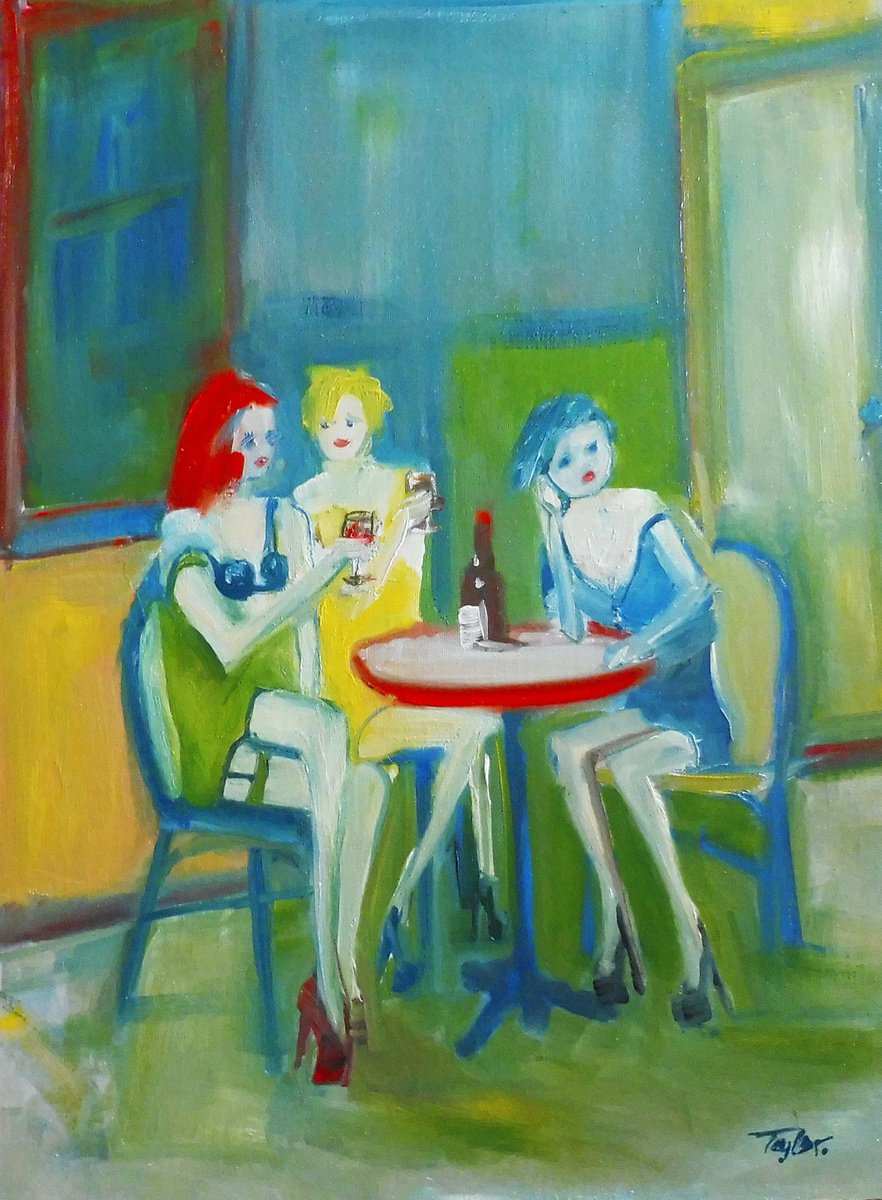 GIRLS FASHION MODELS, CAFE RESTAURANT, RED WINE. Original Female Figurative Oil Painting. by Tim Taylor