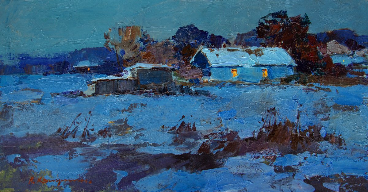 Impressionistic Landscape Oil Painting By Aleksandr Kryushyn, 24 X 13, Snowy Evening, Original Artwork