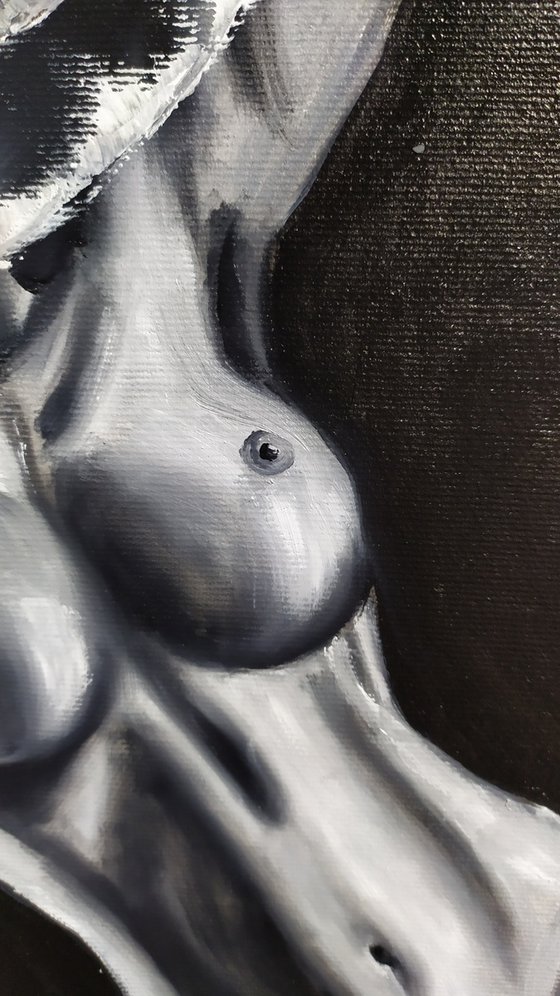 In a hat, original nude erotic black and white gestural girl oil painting