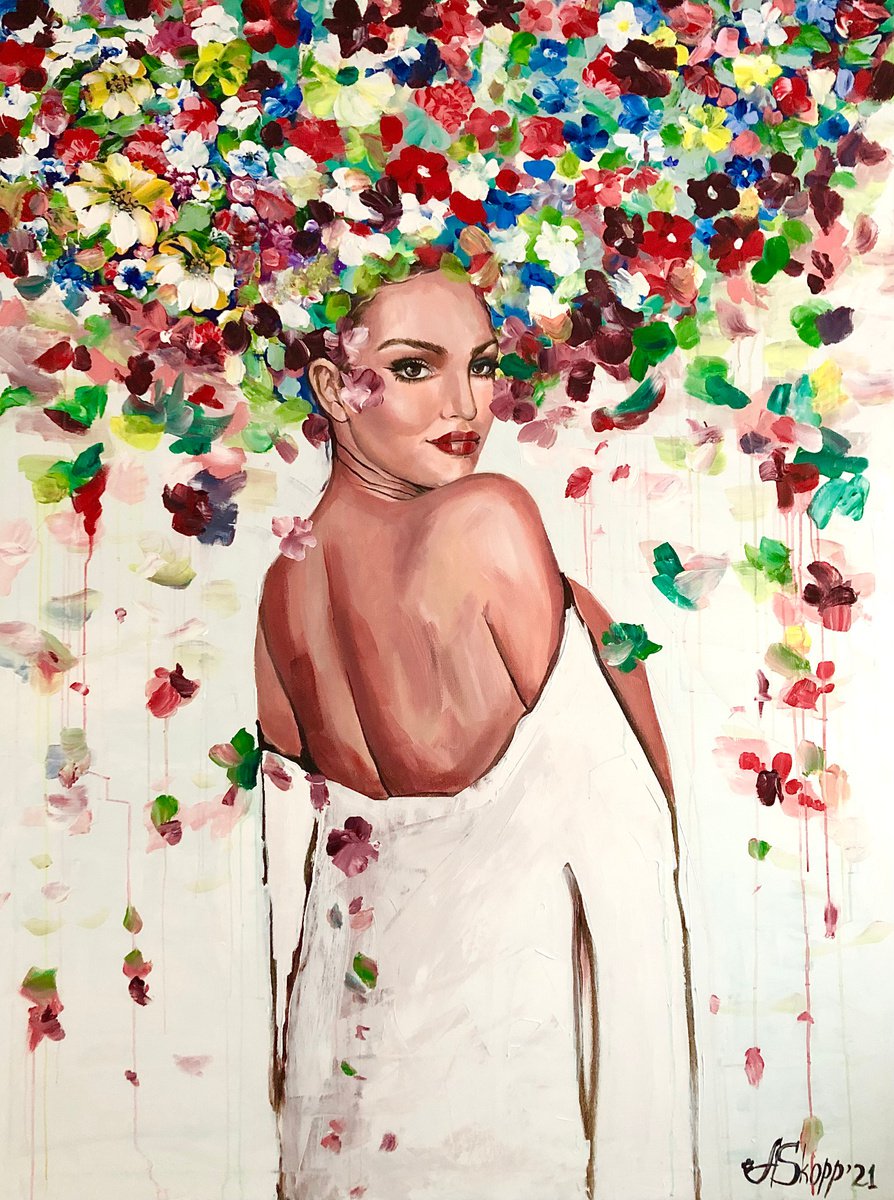 Poesia abstract woman with flowers, 145x110cm by Anastassia Skopp