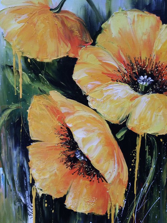 Yellow poppies(60x70cm, oil painting, palette knife, ready to hang)