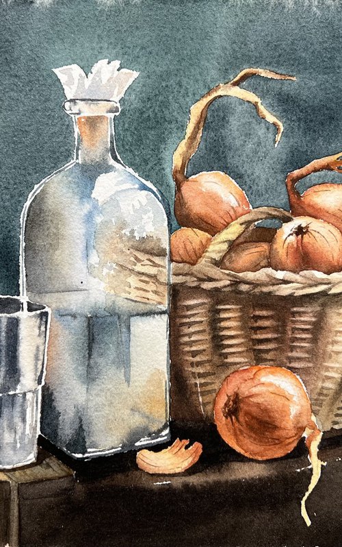 Farmer's still life with a basket of onions and a glass bottle. by Evgeniya Mokeeva