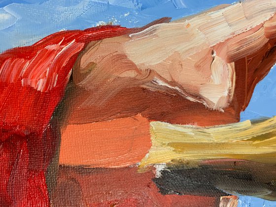 Woman in a red dress.