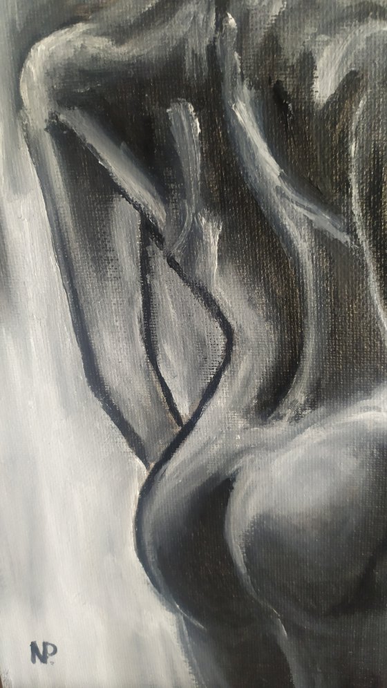 With him, original nude erotic black and white oil painting, Gift, art for bedroom