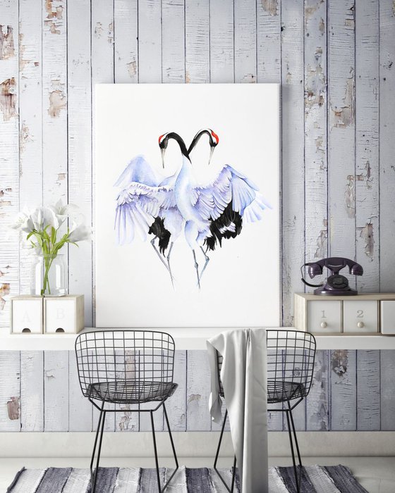 CRANES LOVE DANCE  bird, birds, animals, wildlife watercolour painting