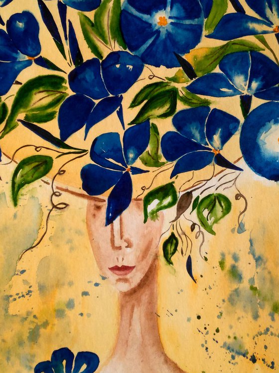 Faceless Painting Woman Original Art Female Portrait Small Watercolor Girl with Blue Flowers Hat Artwork Home Wall Art 12 by 17" by Halyna Kirichenko