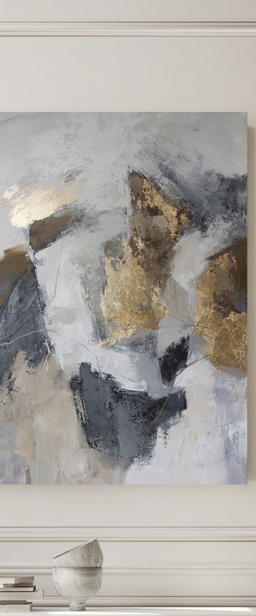 "Lead" Abstract grey gold acrylic art by Yana Sagan