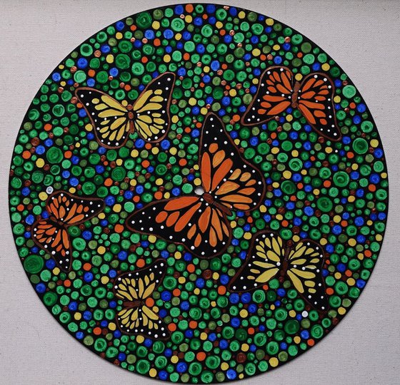Monarch butterfly, acrylic painting on vinyl record