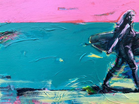 Bright painting - "Miami Beach" - Girl - Pop Art - Urban - Surfing - California