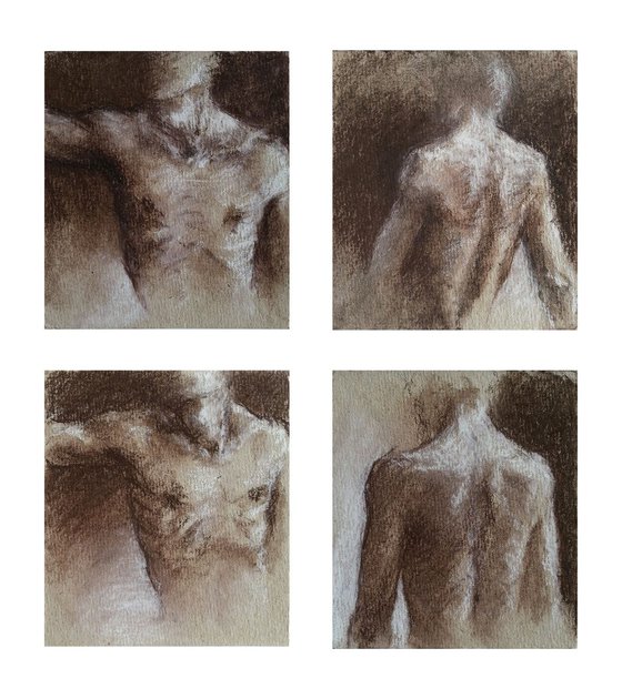 Set of 4 miniatures sketches of male nude body - chest - back - sanguine pastel drawing