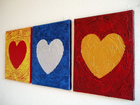 painting abstract wall art triptych panel of 3 " Three of Hearts " impasto multi coloured silver gold heart romantic painting contemporary modern art abstraction expression acrylic 3 sizes available 48 x 20"