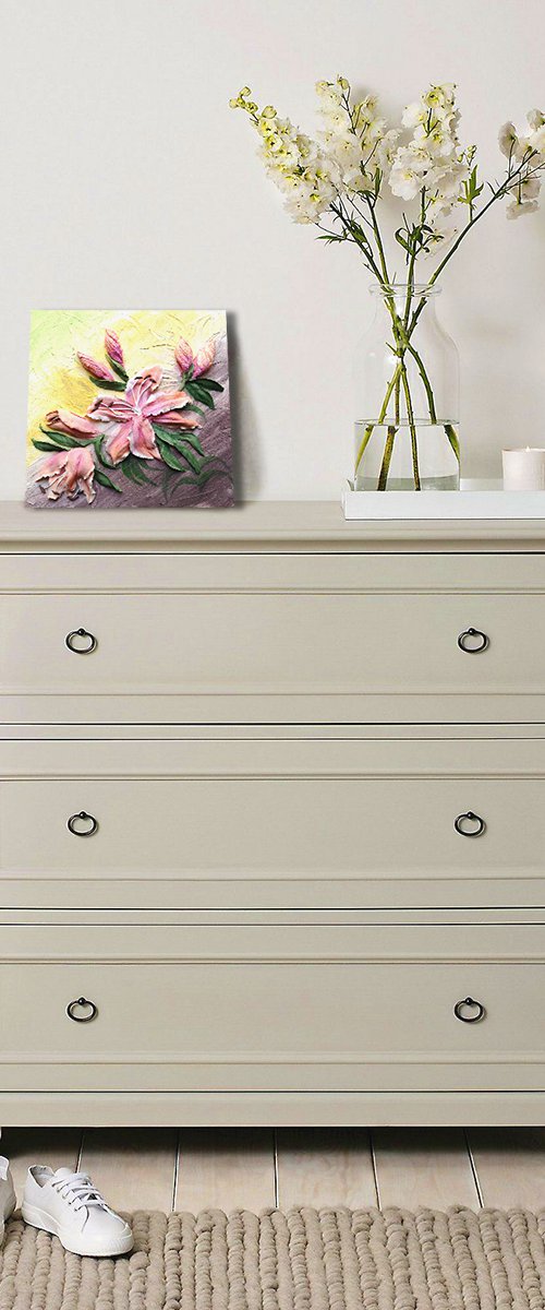 Cream Lilies on yellow background - 3d painting, 25x25x2 cm by Irina Stepanova
