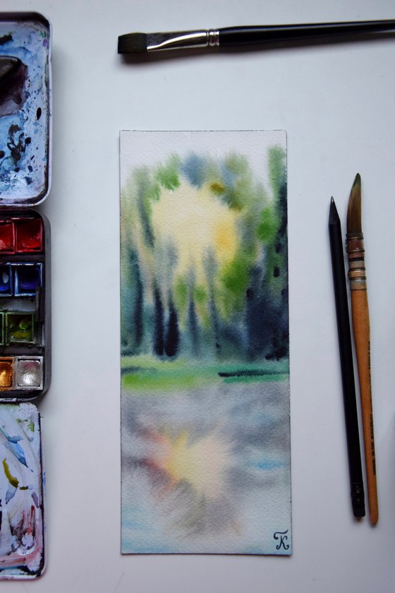 Abstract Watercolour Painting, Sun Forest Small Artwork, River Landscape Wall Art