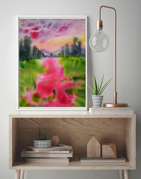 Sunset landscape painting, ORIGINAL watercolor painting, pink flowers wall art
