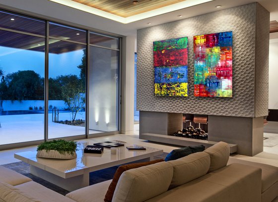 "Blind Date" - FREE USA SHIPPING - Original Large PMS Abstract Diptych Oil and Acrylic Paintings On Canvas - 48" x 36"