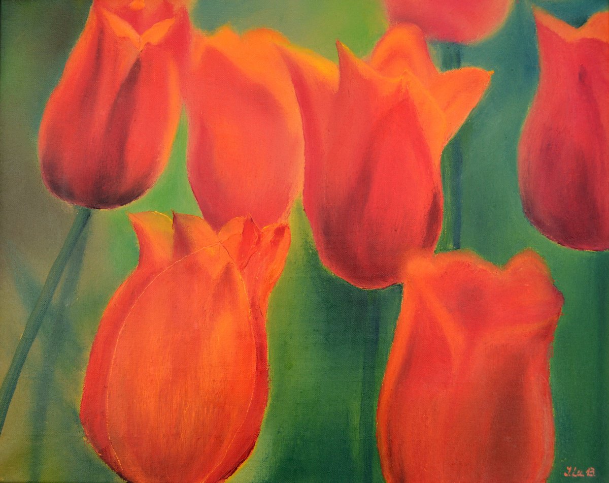 Impressionistic Botanical Oil Painting By Elena Lukina, 22 X 18, Scarlet Tulips, Original Artwork