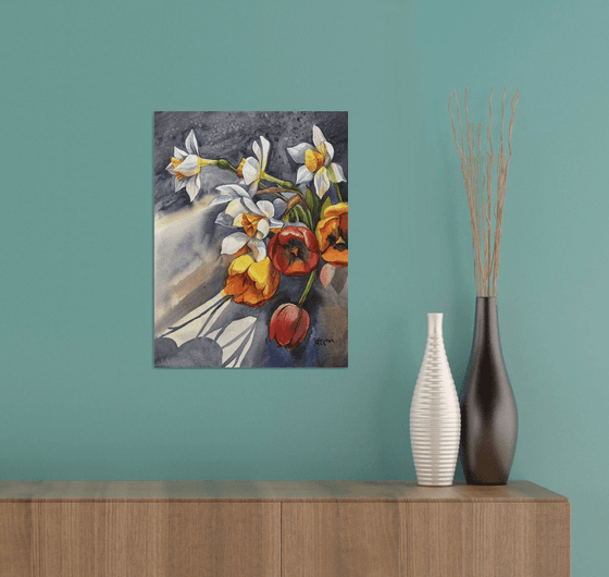 Tulips and daffodils. Flowers in a vase