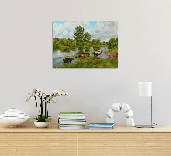 Cattle watering in a river, Pastoral Scene