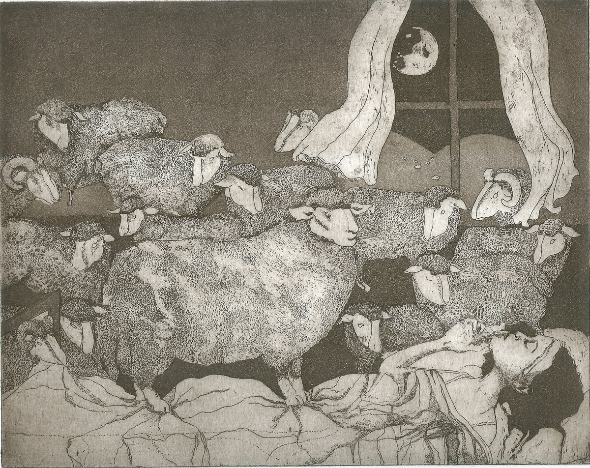 Illustrative Animal Etchings & Engravings By Jane Daniell, 13 X 10, Counting Sheep, Original Artwork