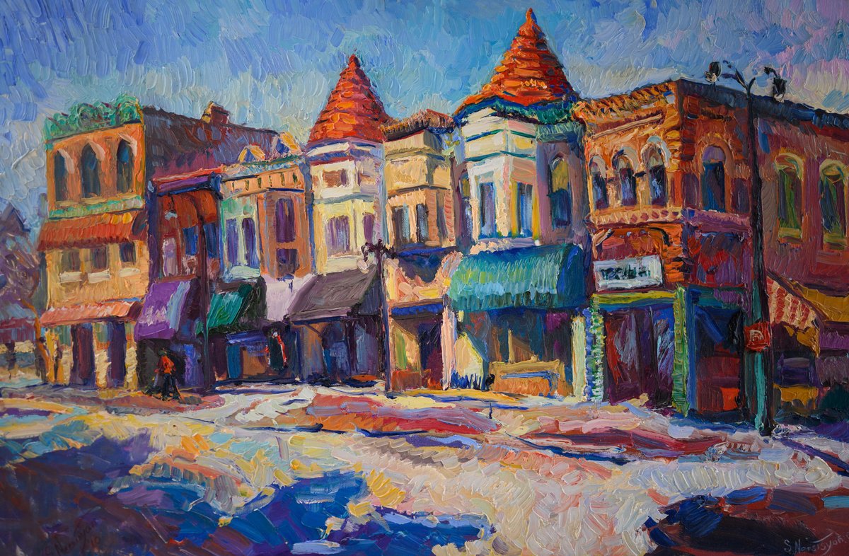 Expressive Cityscapes Oil Painting By Suren Nersisyan, 36 X 24", Street In Dekalb, Illinois. Midwest, Original Artwork