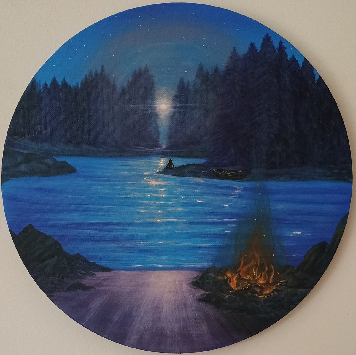 Surrealistic Landscape Acrylic Painting By Zoe Adams, 12 X 12", Moon Gazer., Original Artwork