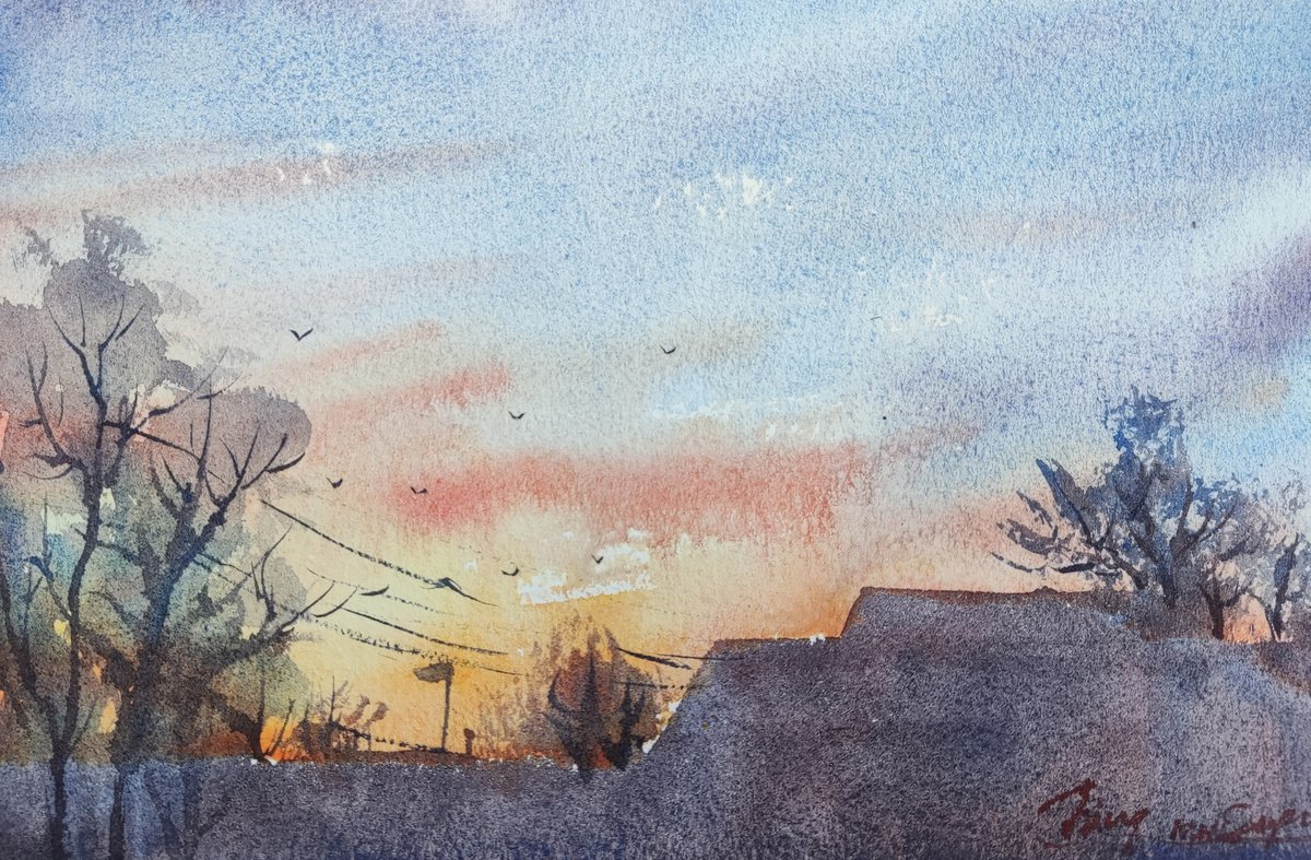 Impressionistic Landscape Watercolour By Jing Chen, 11 X 7, Dawn, Original Artwork