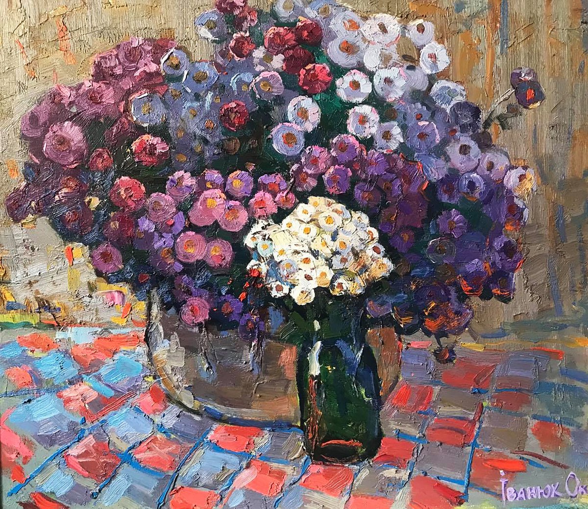 Impressionistic Botanical Oil Painting By Kalenyuk Alex, 2 X 2", Big Bouquet Of Autumn Flowers, Original Artwork