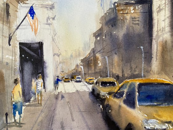 NYC taxi - original watercolor cityscape