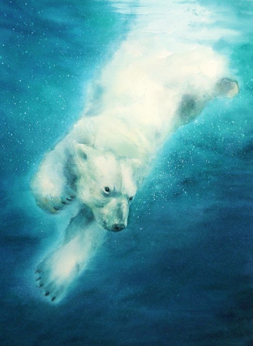 The Polar Bear Dive - Arctic wildlife by Olga Beliaeva Watercolour