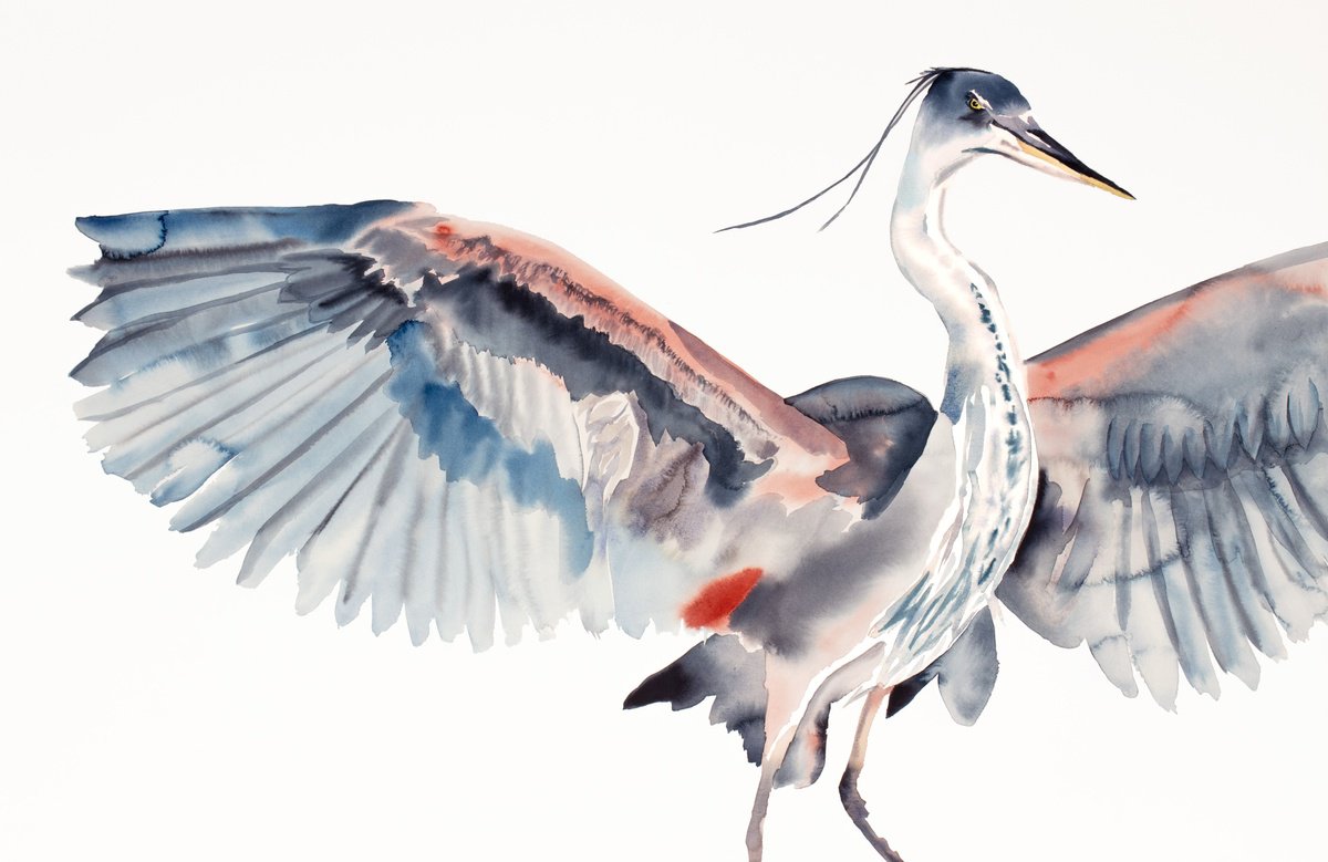 Expressive Animal Watercolour By Elizabeth Becker, 40 X 26, Heron No. 29, Original Artwork