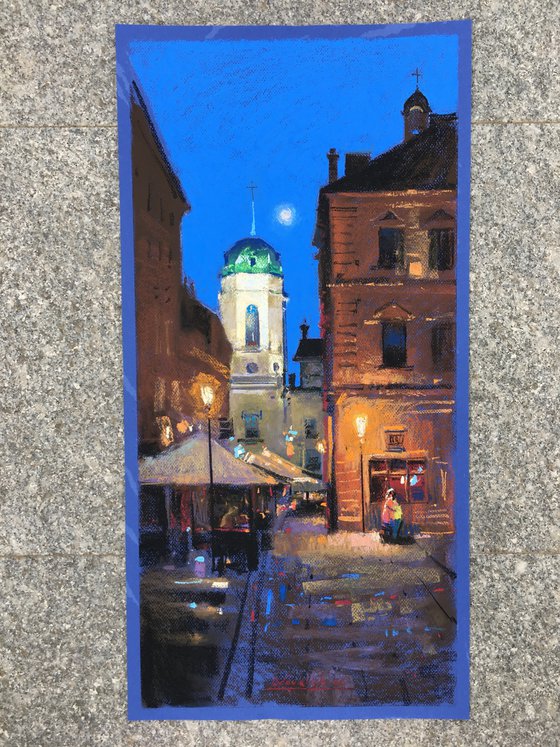 Night lights Ukrainian city of Lviv. Soft pastel drawing 25.5х12.7 inch (65x32.5 cm)