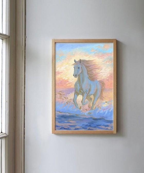Horse at sunset sea waves