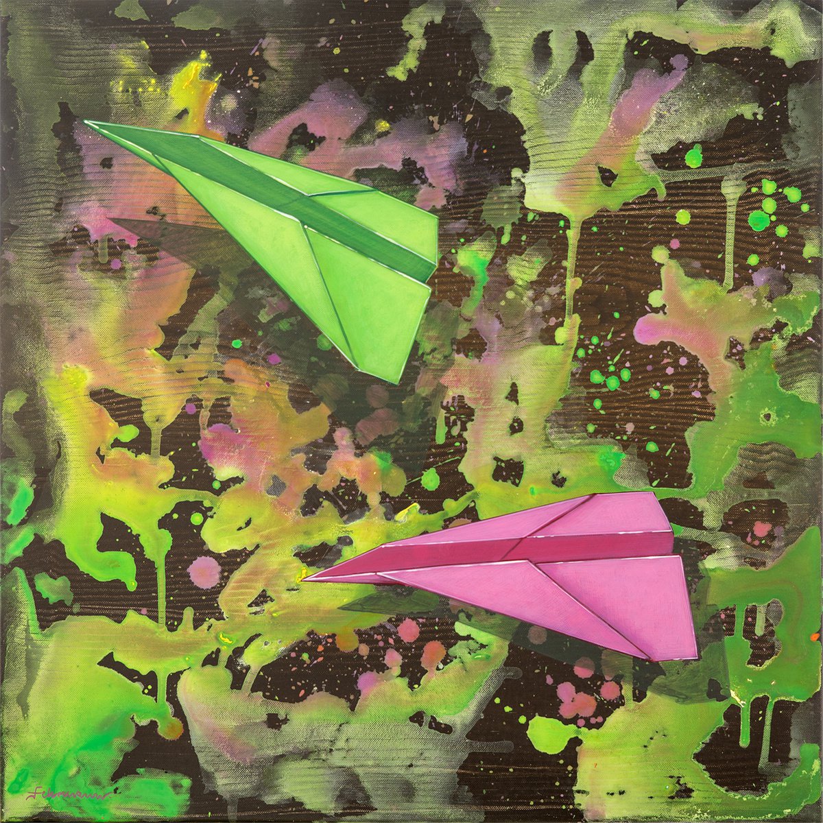 Urban And Pop Landscape Acrylic Painting By Uwe Fehrmann, 24 X 24", Messengers, No. 1, Original Artwork