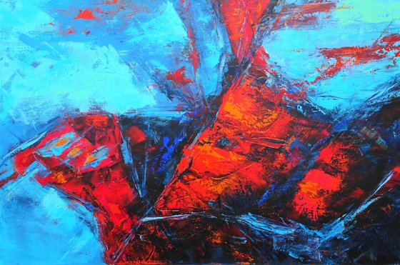 Large Abstract Turquoise Red Landscape Painting. Modern Textured Art. Blue Abstract. 61x91cm.