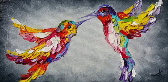 Little birds and big love - hummingbird, painting on canvas, animals oil painting, art bird, impressionism, palette knife, gift.