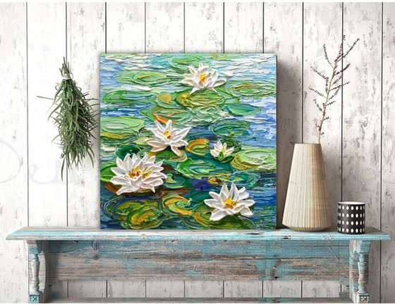 Water Lilies Pond III - Impasto Floral Art, Palette Knife Painting