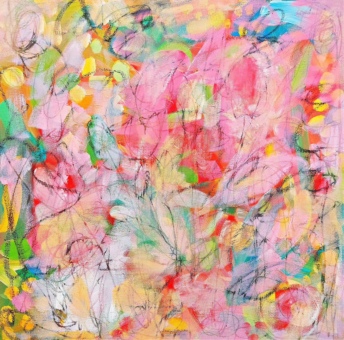 Abstract Botanical Acrylic Painting By Jan Rippingham, 16 X 16, A Spring Garden Iv, Original Artwork