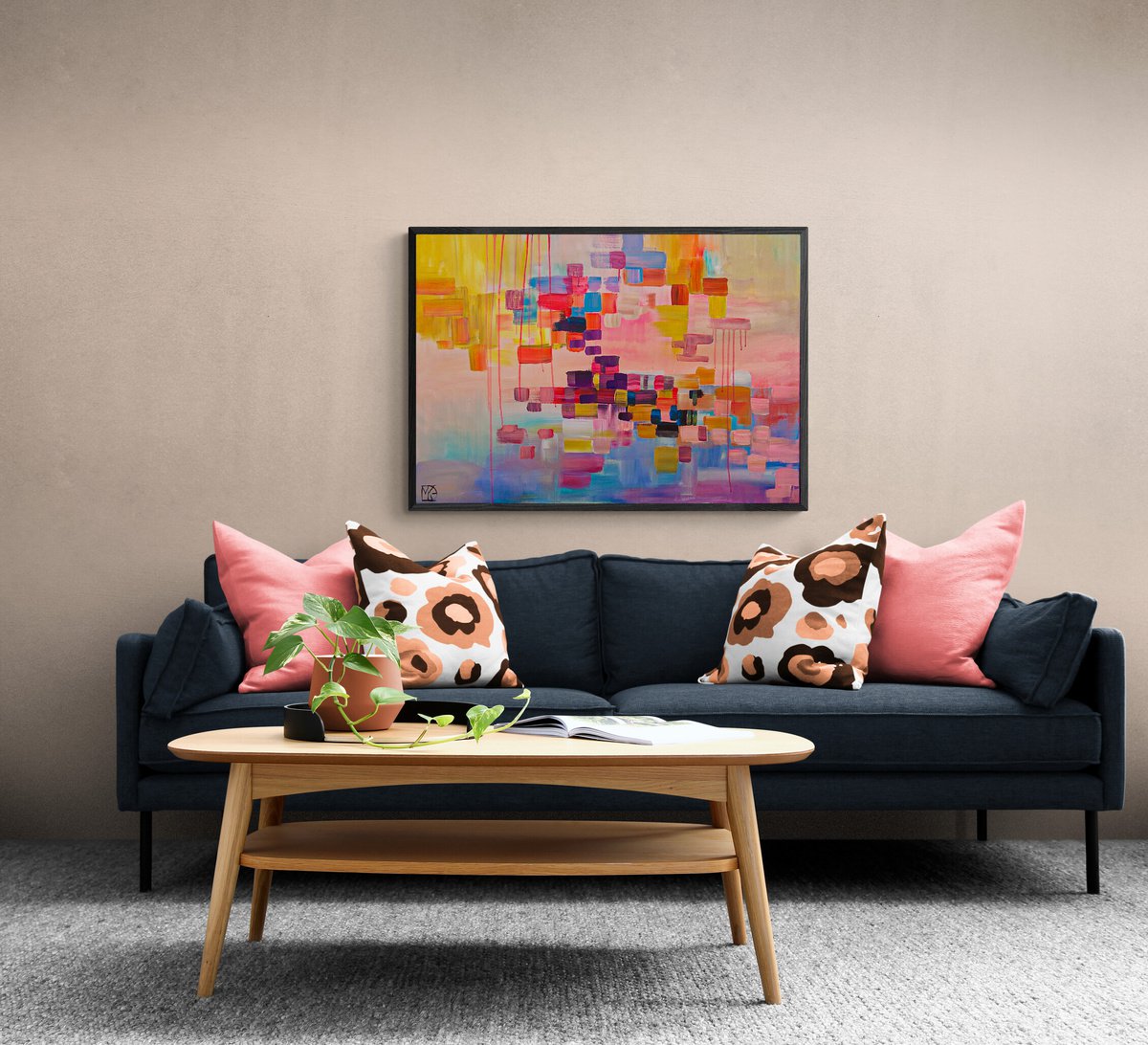 Abstract Acrylic Painting By Maria Kireev, 39 X 28", Cubistic Pink Abstract, Original Artwork