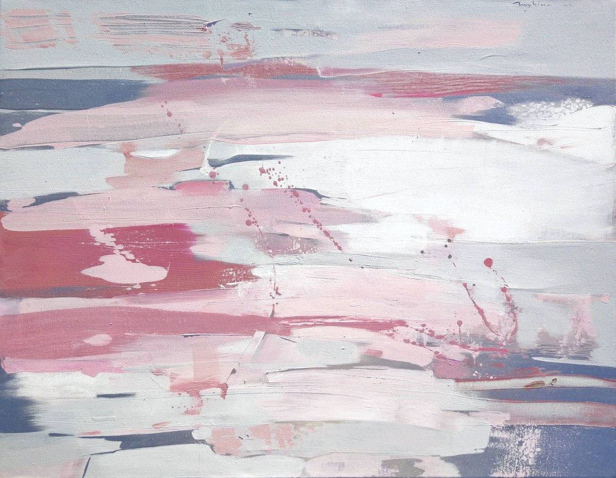Abstraction Elements of nature 90x70 cm.| White, silver and rosy | Original oil painting by Helen Shukina