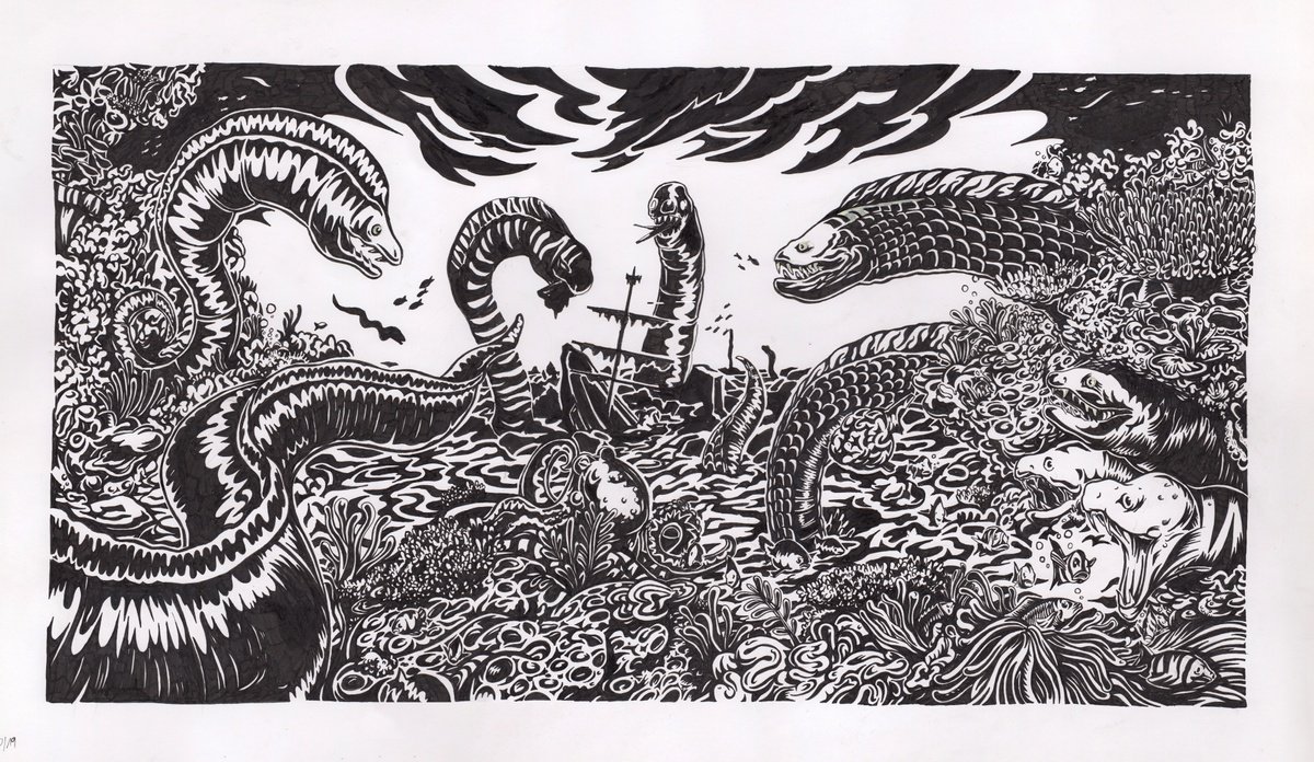 Illustrative Landscape Ink Drawing By Jon Garbet, 28 X 16, Eel, Original Artwork