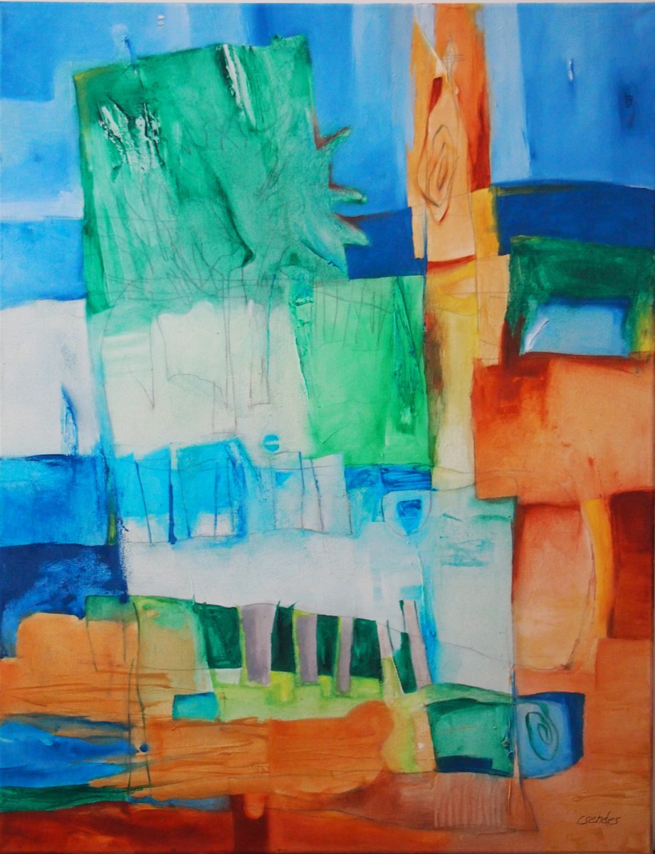 Abstract Oil Painting By Csaba Csendes, 23 X 30, At The Dam, Original Artwork