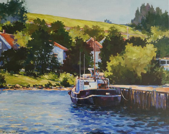 Noon by the mooring line, Original, one-of-a-kind acrylic on wide edge canvas painting (16x20'')