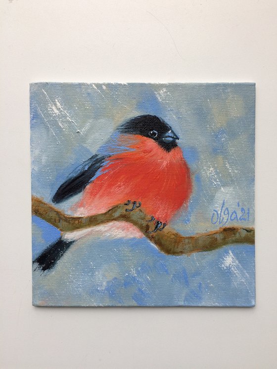 Diptych oil paintings - Bird small canvas - Bullfinches for bird lover - Christmas gift idea