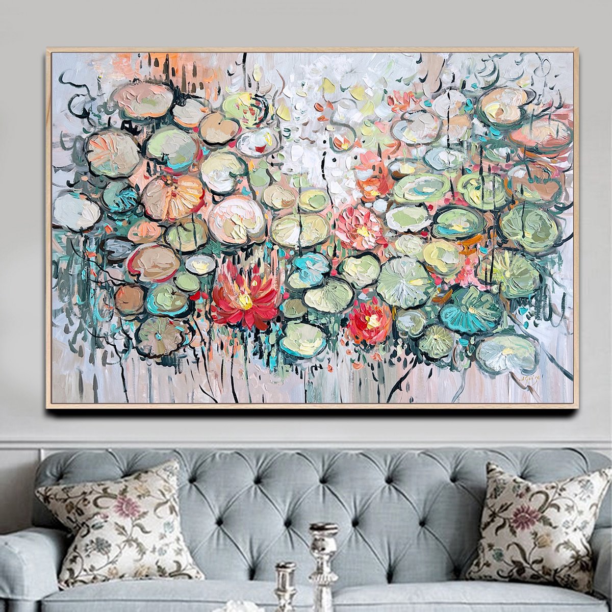 Abstract Acrylic Painting By Lana Guise, 49 X 33", Sun Kissed Lotus Pond, Original Artwork