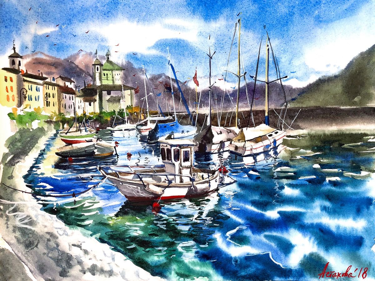 Impressionistic Landscape Watercolour By Ksenia Astakhova, 16 X 12", Port Of Cannobio, Original Artwork