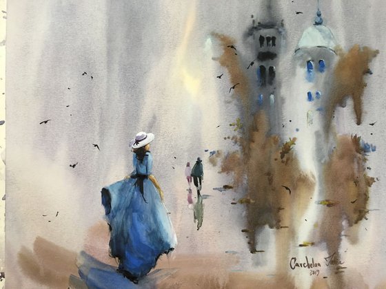 Watercolor “Lady with The blue dress” perfect gift