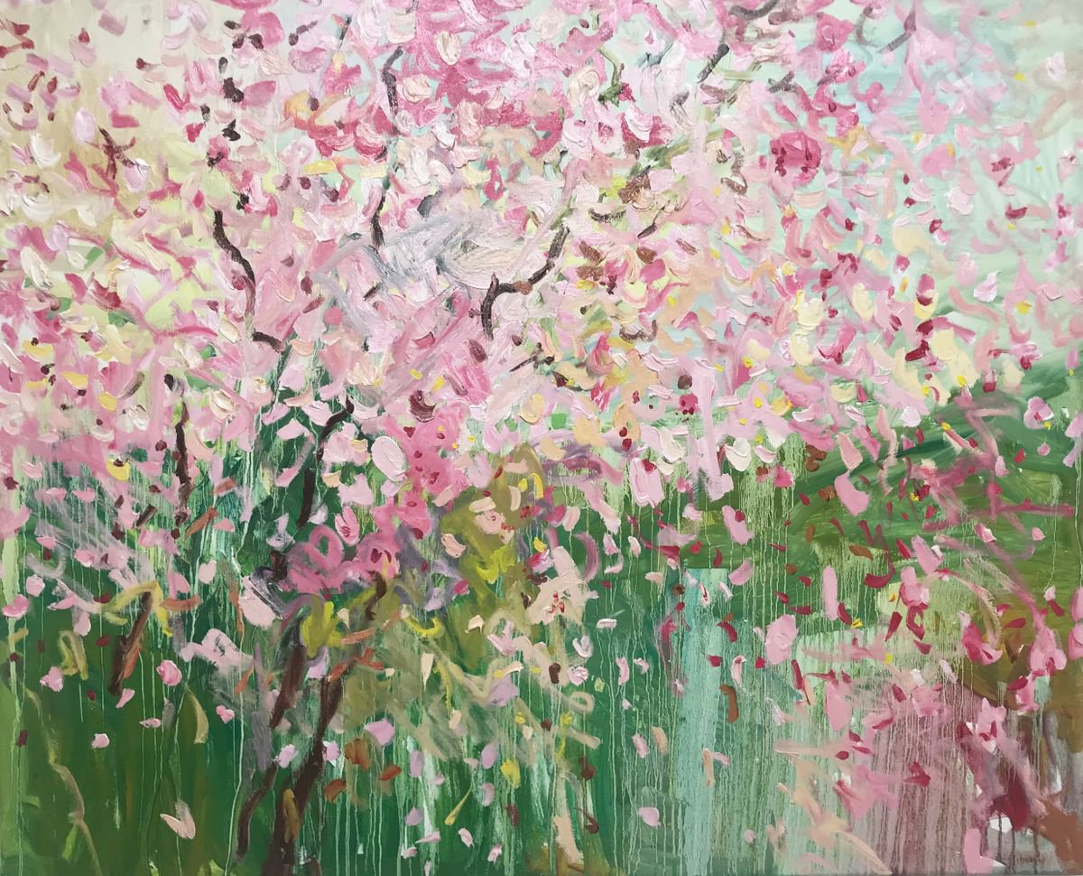 Impressionistic Botanical Oil Painting By Lilia Orlova-Holmes, 43 X 35", Under A Pink Cloud, Original Artwork